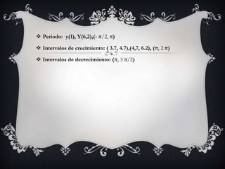  Periodo: y(1), Y(6,2),(- π/2, π)
 Intervalos de crecimiento: ( 3.7, 4.7),(4,7, 6.2), (π, 2 π)
 Intervalos de decrecimiento: (π, 3 π/2)
 
