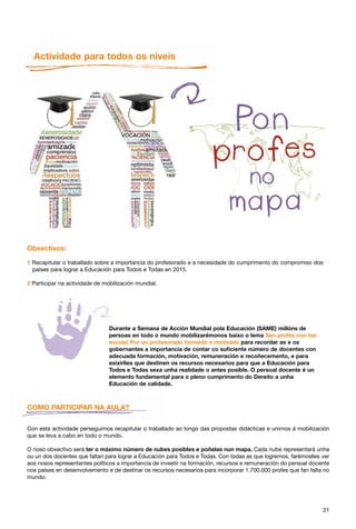 Actividade para todos os niveis




Obxectivos:

1 Recapitular o traballado sobre a importancia do profesorado e a necesidade do cumprimento do compromiso dos
  países para lograr a Educación para Todos e Todas en 2015.

2 Participar na actividade de mobilización mundial.




                                Durante a Semana de Acción Mundial pola Educación (SAME) millóns de
                                persoas en todo o mundo mobilizarémonos baixo o lema Sen profes non hai
                                escola! Por un profesorado formado e motivado para recordar as e os
                                gobernantes a importancia de contar co suficiente número de docentes con
                                adecuada formación, motivación, remuneración e recoñecemento, e para
                                esixirlles que destinen os recursos necesarios para que a Educación para
                                Todos e Todas sexa unha realidade o antes posible. O persoal docente é un
                                elemento fundamental para o pleno cumprimento do Dereito a unha
                                Educación de calidade.



COMO PARTICIPAR NA AULA?


Con esta actividade perseguimos recapitular o traballado ao longo das propostas didácticas e unirnos á mobilización
que se leva a cabo en todo o mundo.

O noso obxectivo será ter o máximo número de nubes posibles e poñelas nun mapa. Cada nube representará unha
ou un dos docentes que faltan para lograr a Educación para Todos e Todas. Con todas as que logremos, farémoslles ver
aos nosos representantes políticos a importancia de investir na formación, recursos e remuneración do persoal docente
nos países en desenvolvemento e de destinar os recursos necesarios para incorporar 1.700.000 profes que fan falta no
mundo.




                                                                                                                  21
 