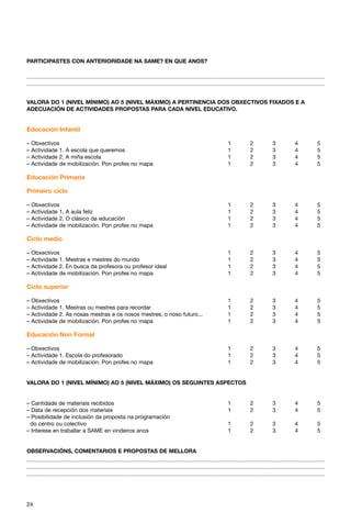 PARTICIPASTES CON ANTERIORIDADE NA SAME? EN QUE ANOS?




VALORA DO 1 (NIVEL MÍNIMO) AO 5 (NIVEL MÁXIMO) A PERTINENCIA DOS OBXECTIVOS FIXADOS E A
ADECUACIÓN DE ACTIVIDADES PROPOSTAS PARA CADA NIVEL EDUCATIVO.


Educación Infantil

–   Obxectivos                                                            1   2   3   4   5
–   Actividade 1. A escola que queremos                                   1   2   3   4   5
–   Actividade 2. A miña escola                                           1   2   3   4   5
–   Actividade de mobilización. Pon profes no mapa                        1   2   3   4   5

Educación Primaria

Primeiro ciclo

–   Obxectivos                                                            1   2   3   4   5
–   Actividade 1. A aula feliz                                            1   2   3   4   5
–   Actividade 2. O clásico da educación                                  1   2   3   4   5
–   Actividade de mobilización. Pon profes no mapa                        1   2   3   4   5

Ciclo medio

–   Obxectivos                                                            1   2   3   4   5
–   Actividade 1. Mestras e mestres do mundo                              1   2   3   4   5
–   Actividade 2. En busca da profesora ou profesor ideal                 1   2   3   4   5
–   Actividade de mobilización. Pon profes no mapa                        1   2   3   4   5

Ciclo superior

–   Obxectivos                                                            1   2   3   4   5
–   Actividade 1. Mestras ou mestres para recordar                        1   2   3   4   5
–   Actividade 2. As nosas mestras e os nosos mestres, o noso futuro...   1   2   3   4   5
–   Actividade de mobilización. Pon profes no mapa                        1   2   3   4   5

Educación Non Formal

– Obxectivos                                                              1   2   3   4   5
– Actividade 1. Escola do profesorado                                     1   2   3   4   5
– Actividade de mobilización. Pon profes no mapa                          1   2   3   4   5


VALORA DO 1 (NIVEL MÍNIMO) AO 5 (NIVEL MÁXIMO) OS SEGUINTES ASPECTOS


– Cantidade de materiais recibidos                                        1   2   3   4   5
– Data de recepción dos materiais                                         1   2   3   4   5
– Posibilidade de inclusión da proposta na programación
 do centro ou colectivo                                                   1   2   3   4   5
– Interese en traballar a SAME en vindeiros anos                          1   2   3   4   5


OBSERVACIÓNS, COMENTARIOS E PROPOSTAS DE MELLORA




24
 