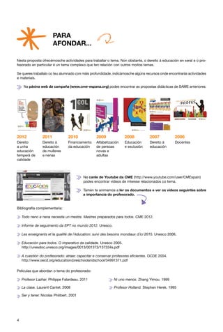PARA
                        AFONDAR...

Nesta proposta ofrecémosche actividades para traballar o tema. Non obstante, o dereito á educación en xeral e o pro-
fesorado en particular é un tema complexo que ten relación con outros moitos temas.

Se queres traballalo co teu alumnado con máis profundidade, indicámosche algúns recursos onde encontrarás actividades
e materiais.

     Na páxina web da campaña (www.cme-espana.org) podes encontrar as propostas didácticas de SAME anteriores:




2012             2011             2010            2009              2008            2007            2006
Dereito          Dereito á        Financiamento   Alfabetización    Educación       Dereito á       Docentes
a unha           educación        da educación    de persoas        e exclusión     educación
educación        de mulleres                      novas e
temperá de       e nenas                          adultas
calidade



                                           Na canle de Youtube da CME (http://www.youtube.com/user/CMEspain)
                                           podes encontrar vídeos de interese relacionados co tema.

                                           Tamén te animamos a ler os documentos e ver os vídeos seguintes sobre
                                           a importancia do profesorado.


Bibliografía complementaria:

    Todo neno e nena necesita un mestre. Mestres preparados para todos. CME 2012.

    Informe de seguimento da EPT no mundo 2012. Unesco.

    Les enseignants et la qualité de l´éducation: suivi des besoins mondiaux d´ici 2015. Unesco 2006.

    Educación para todos. O imperativo da calidade. Unesco 2005.
    http://unesdoc.unesco.org/images/0013/001373/137334s.pdf

    A cuestión do profesorado: atraer, capacitar e conservar profesores eficientes. OCDE 2004.
    http://www.oecd.org/education/preschoolandschool/34991371.pdf

Películas que abordan o tema do profesorado:

    Profesor Lazhar. Philippe Falardeau. 2011                Ni uno menos. Zhang Yimou. 1999

    La clase. Laurent Cantet. 2008                           Profesor Holland. Stephen Herek. 1995

    Ser y tener. Nicolas Philibert. 2001




4
 