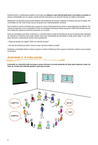 Posteriormente, o profesorado pídelle ao alumnado que debuxe o que máis lle gusta facer coa mestra ou mestre na
escola e lémbraselle que só o grupo 4 pode dirixirse á docente ou ao docente mentres se realiza a actividade.

Obsérvanse as reaccións do alumnado respecto das limitacións de recursos materiais e humanos nas que se atopan. Re-
coméndase non dar moito tempo xa que os grupos sen material poderían cansarse.

Para a posta en común xuntarase todo o grupo en círculo e formularanse aos nenos e nenas preguntas de reflexión. Su-
xírense as seguintes: Como o pasastes? Como vos sentistes? Que grupo credes que gozou máis? Que botastes de me-
nos? Faltouvos podervos comunicar coa profe ou co profe?

Unha vez rematada a conversa, a docente ou o docente reforza a idea da importancia de que na escola haxa variedade
de material en condicións para poder realizar unha maior diversidade de actividades e poder gozar delas. E que sen o
apoio docente, a aprendizaxe resulta menos gratificante.

* Todas as escolas son iguais? Teñen as mesmas cousas?

* Por que hai escolas que teñen menos cousas nas súas clases ou aulas?
Finalízase a actividade dando a todos os grupos o mesmo material que tiña o grupo 4 e facendo o debuxo que se pedira
ao principio.



Actividade 2. A miña escola

A docente ou o docente invita as nenas e nenos a formar un círculo sentando no chan, para observar a aula, no-
mear as cousas que máis lles gustan e para que as usan




6
 