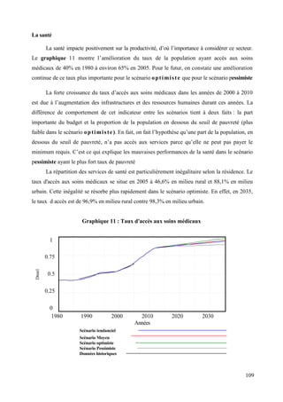 La santé
La santé impacte positivement sur la productivité, d’où l’importance à considérer ce secteur.
Le graphique 11 montre l’amélioration du taux de la population ayant accès aux soins
médicaux de 40% en 1980 à environ 65% en 2005. Pour le futur, on constate une amélioration
continue de ce taux plus importante pour le scénario o p t i m i s t e que pour le scénario pessimiste
La forte croissance du taux d’accès aux soins médicaux dans les années de 2000 à 2010
est due à l’augmentation des infrastructures et des ressources humaines durant ces années. La
différence de comportement de cet indicateur entre les scénarios tient à deux faits : la part
importante du budget et la proportion de la population en dessous du seuil de pauvreté (plus
faible dans le scénario o p t i m i s t e ). En fait, on fait l’hypothèse qu’une part de la population, en
dessous du seuil de pauvreté, n’a pas accès aux services parce qu’elle ne peut pas payer le
minimum requis. C’est ce qui explique les mauvaises performances de la santé dans le scénario
pessimiste ayant le plus fort taux de pauvreté
La répartition des services de santé est particulièrement inégalitaire selon la résidence. Le
taux d'accès aux soins médicaux se situe en 2005 à 46,6% en milieu rural et 88,1% en milieu
urbain. Cette inégalité se résorbe plus rapidement dans le scénario optimiste. En effet, en 2035,
le taux d accès est de 96,9% en milieu rural contre 98,3% en milieu urbain.

Graphique 11 : Taux d'accès aux soins médicaux
1

Dmnl

0.75
0.5
0.25
0
1980

1990

2000

2010
Années

2020

2030

Scénario tendanciel
Scénario Moyen
Scénario optimiste
Scénario Pessimiste
Données historiques

109

 