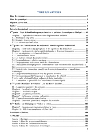 TABLE DES MATIERES
Liste des tableaux............................................................................................................................ 3
Liste des graphiques ....................................................................................................................... 3
Sigles et Acronymes ........................................................................................................................ 4
Préface ............................................................................................................................................. 6
Introduction générale ..................................................................................................................... 7
Ière partie : Place de la réflexion prospective dans la politique économique au Sénégal ........ 10
Chapitre 1 : La prospective dans le système de planification nationale ..................................... 11
1.1. Stratégies à long terme ....................................................................................................... 11
1.2. Stratégies à moyen terme ..................................................................................................... 13
1.3. Les instruments d’exécution ................................................................................................ 14
IIème partie : De l’identification des aspirations à la rétrospective de la société ..................... 19
Chapitre 2 : Identification des perceptions et des aspirations des populations .......................... 20
Chapitre 3 : La rétrospective de la société sénégalaise et de son environnement ...................... 27
3.1. Les interdépendances de la mondialisation ......................................................................... 27
3.2. L’environnement naturel ..................................................................................................... 31
3.3. Les facteurs culturels du développement............................................................................. 35
3.4. Une population en évolution constante ............................................................................... 38
3.5. Une gouvernance politique au profit des élites urbaines ..................................................... 42
3.6. Une décentralisation progressive comme réponse à un besoin croissant de démocratie à la
base ............................................................................................................................................. 44
3.7. Une trajectoire économique modelée par le contexte international et les politiques
économiques ............................................................................................................................... 45
3.8. Un système sanitaire face aux défis des grandes endémies ................................................. 51
3.9. Un système éducatif à l’épreuve de la massification des effectifs ...................................... 57
3.10. Le cadre urbain et l’habitat, un besoin difficile à satisfaire............................................... 60
3.11. L’emploi ou la quête difficile d’insertion sociale et de dignité ......................................... 62
IIIème partie : Scénarios d’évolution … ou des futurs possibles............................................... 66
III.1. L’approche qualitative des scénarios ................................................................................. 67
Chapitre 4 : Le scénario tendanciel ............................................................................................ 67
Chapitre 5 : Le scénario moyen .................................................................................................. 92
Chapitre 6 : Le scénario pessimiste ............................................................................................ 95
Chapitre 7 : Le Scénario optimiste ou la vision.......................................................................... 97
III.2. l’approche quantitative des scénarios .............................................................................. 100
Chapitre 8 : Evaluation quantitative comparée des scénarios .................................................. 100
IVème Partie : La stratégie pour réaliser la vision .................................................................... 120
Chapitre 9 : Les axes stratégiques pour réaliser la vision......................................................... 121
Chapitre 10 : Rôle des acteurs internes de la société ................................................................ 130
Conclusion Générale.................................................................................................................. 138
ANNEXES ................................................................................................................................... 141
Annexe 1 : Lexique................................................................................................................... 142
Annexe 2 : Liste des personnes auditionnées ........................................................................... 144
Annexe 3 : Liste des variables économiques ............................................................................ 145
Annexe 4 : Liste des variables non économiques ..................................................................... 146
1

 