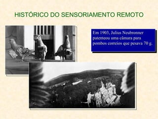 HISTÓRICO DO SENSORIAMENTO REMOTO Em 1903, Julius Neubronner patenteou uma câmara para pombos correios que pesava 70 g.   