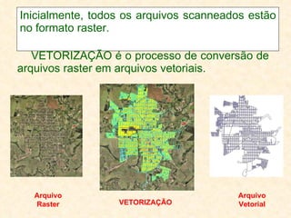 Inicialmente, todos os arquivos scanneados estão no formato raster.  VETORIZAÇÃO é o processo de conversão de arquivos raster em arquivos vetoriais. Arquivo Raster Arquivo Vetorial VETORIZAÇÃO 