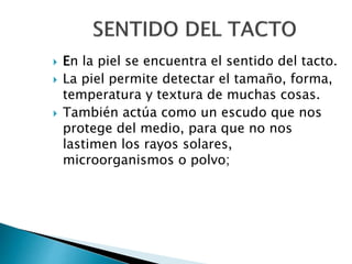  En la piel se encuentra el sentido del tacto.
 La piel permite detectar el tamaño, forma,
temperatura y textura de muchas cosas.
 También actúa como un escudo que nos
protege del medio, para que no nos
lastimen los rayos solares,
microorganismos o polvo;
 