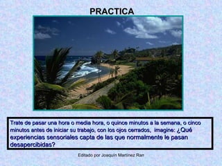 PRACTICA Trate de pasar una hora o media hora, o quince minutos a la semana, o cinco minutos antes de iniciar su trabajo, con los ojos cerrados,  imagine:  ¿Qué experiencias sensoriales capta de las que normalmente le pasan desapercibidas? 