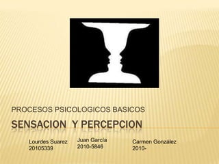 PROCESOS PSICOLOGICOS BASICOS

SENSACION Y PERCEPCION
   Lourdes Suarez   Juan García   Carmen González
   20105339         2010-5846     2010-
 