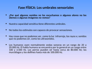 • ¿Por qué algunos sonidos no los escuchamos o algunos olores no los
olemos o algunas imágenes no vemos?
• Nuestra capacidad sensitiva tiene diferentes umbrales.
• No todos los estímulos son capaces de provocar sensaciones.
• Hay cosas que no podemos ver, como la luz infrarroja, los rayos x; sonidos
que no podemos oír, como los ultrasonidos.
• Los humanos oyen normalmente ondas sonoras en un rango de 20 a
20.000 Hz. El habla humana se encuentra por lo general en un rango entre
100 y 3.500 Hz. Los perros pueden oír hasta cerca de 80.000 Hz; los
murciélagos y los delfines hasta más de 100.000 Hz.
Fase FÍSICA: Los umbrales sensoriales
 