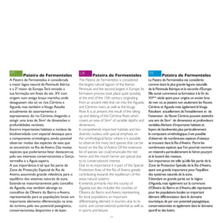 PT                                             UK                                                    FR
         Pateira de Fermentelos                          Pateira de Fermentelos                                Pateira de Fermentelos
A Pateira de Fermentelos é considerada         The Pateira de Fermentelos is considered              La Pateira de Fermentelos est considérée
a maior lagoa natural da Península Ibérica     the largest natural lagoon of the Iberian             comme étant la plus grande lagune naturelle
e a 2ª maior da Europa.Terá iniciado a         Peninsula and the second largest in Europe. Its       de la Péninsule Ibérique et la seconde d’Europe.
sua formação em finais do séc. XV com          formation process took place quite possibly,          Elle aurait commencé sa formation à la fin du
origem num antigo braço marinho, onde          at the end of the 15th century originating            XVème siècle ayant pour origine un ancien bras
desaguavam não só os rios Cértima e            from an ancient inlet that ran into the Águeda        de mer où se jetaient non seulement les fleuves
Águeda, mas também o Vouga. Resulta            and Cértima rivers, as well as the Vouga              Cértima et Águeda mais également leVouga.
actualmente do assoreamento e                  River. It is, at present, the result of the silting   Résultant actuellement de l’ensablement et de
espraiamento do rio Cértima chegando a         up and ebbing of the Cértima River, which             l’extension du fleuve Cértima pouvant atteindre
atingir uma área de 5km² de dimensões e        covers an area of 5km² of variable depths and         une aire de 5km2 de dimensions et profondeurs
profundidades variáveis.                       dimensions.                                           variables.Abritant d’importants habitats et
Encerra importantes habitats e núcleos de      It comprehends important habitats and bio-            foyers de biodiversité, plus particulièrement
biodiversidade com especial destaque para      diversity nucleus with special emphasis on            le composant ornithologique, il est possible
a componente ornitológica, sendo possível      the ornithological factor where it is possible        d’observer de nombreuses espèces d’oiseaux
observar muitas das espécies de aves que       to observe the many bird species that can be          se trouvant dans la Ria d’Aveiro. Parmi les
se encontram na Ria de Aveiro. Das muitas      found on the Ria of Aveiro. Of the extensive          nombreuses espèces que l’on pourrait nommer
espécies que poderíamos listar destacam-se     list of species we could enunciate the red            on retiendra particulièrement le héron pourpré
pelo seu interesse conservacionista a Garça-   heron and the marsh harrier are special due           et le busard des roseaux.
vermelha e a Águia-sapeira.                    to its conservationist interest.                      Son importance est telle qu’elle fait partie de la
A sua importância é tal que faz parte da       Due to its importance it is part of the Special       Zone de Protection Spéciale de la Ria d’Aveiro,
Zona de Protecção Especial da Ria de           Protection Area of the Ria of Aveiro, greatly         ayant une grande importance pour l‘équilibre
Aveiro, assumindo grande relevância para o     contributing towards the equilibrium of the           des systèmes naturels de la zone.
equilíbrio dos sistemas naturais da zona.      areas natural systems.                                S’étendant en grande partie sur la région
Estende-se maioritariamente pelo concelho      It extends primarily into the county of               d’Agueda, mais également sur la commune
de Águeda, mas também abrange os               Águeda, but also includes the counties of             d’Oliveira do Bairro et d’Aveiro, elle représente
concelhos de Oliveira do Bairro e Aveiro,      Oliveira do Bairro and Aveiro, representing           pour les populations locales un important
representando para as populações locais um     for local populations an important                    élément différenciateur dans le domaine
importante elemento diferenciação na área      differentiating element in tourism, due to its        touristique, de par son potentiel paysagistique,
do turismo, pelo seu potencial paisagístico,   scenic and conservationist potential as well as       conservationniste et également dans le domaine
conservacionista, desportivo e de lazer.       in sports and leisure.                                sportif et des loisirs.
                                                                       24
 