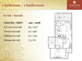 1 bedroom / 1 bathroom

$179k - $209k

 Total M2 / SQFT    140 / 1508
 A/C Area m2/sqft   95 / 1027
 Terrace m2/sqft    27 / 296
 Parking m2/sqft    9.7 / 104
 Storage m2/sqft    7.5 / 81
 