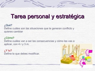 Tarea personal y estratégica
¿Qué?
Define cuáles son las situaciones que te generan conflicto y
quieres cambiar

¿Cómo?
Define cuáles van a ser las consecuencias y cómo las vas a
aplicar, con 4 r y 3 m.

¿Y tu?
Define lo que debes modificar.
 