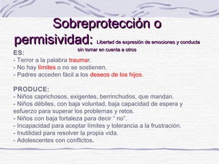 Sobreprotección o
permisividad:                   Libertad de expresión de emociones y conducta
                        sin tomar en cuenta a otros
ES:
- Terror a la palabra traumar.
- No hay límites o no se sostienen.
- Padres acceden fácil a los deseos de los hijos.

PRODUCE:
- Niños caprichosos, exigentes, berrinchudos, que mandan.
- Niños débiles, con baja voluntad, baja capacidad de espera y
esfuerzo para superar los problemas y retos.
- Niños con baja fortaleza para decir “ no”.
- Incapacidad para aceptar límites y tolerancia a la frustración.
- Inutilidad para resolver la propia vida.
- Adolescentes con conflictos.
 