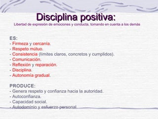 Disciplina positiva:
  Libertad de expresión de emociones y conducta, tomando en cuenta a los demás



ES:
- Firmeza y cercanía.
- Respeto mútuo.
- Consistencia (límites claros, concretos y cumplidos).
- Comunicación.
- Reflexión y reparación.
- Disciplina.
- Autonomía gradual.

PRODUCE:
- Genera respeto y confianza hacia la autoridad.
- Autoconfianza.
- Capacidad social.
- Autodominio y esfuerzo personal.
 