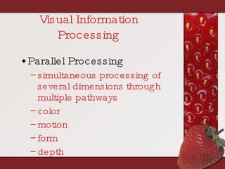 Visual Information Processing Parallel Processing simultaneous processing of several dimensions through multiple pathways color motion form depth 
