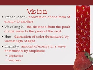 Vision Transduction-   conversion of one form of energy to another Wavelength-   the distance from the peak of one wave to the peak of the next Hue-   dimension of color determined by wavelength of light Intensity-   amount of energy in a wave determined by amplitude brightness loudness 