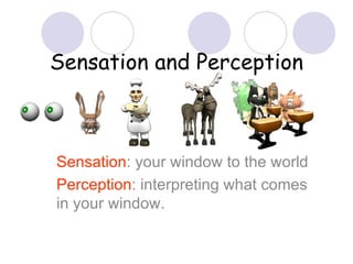 Sensation and Perception



Sensation: your window to the world
Perception: interpreting what comes
in your window.
 