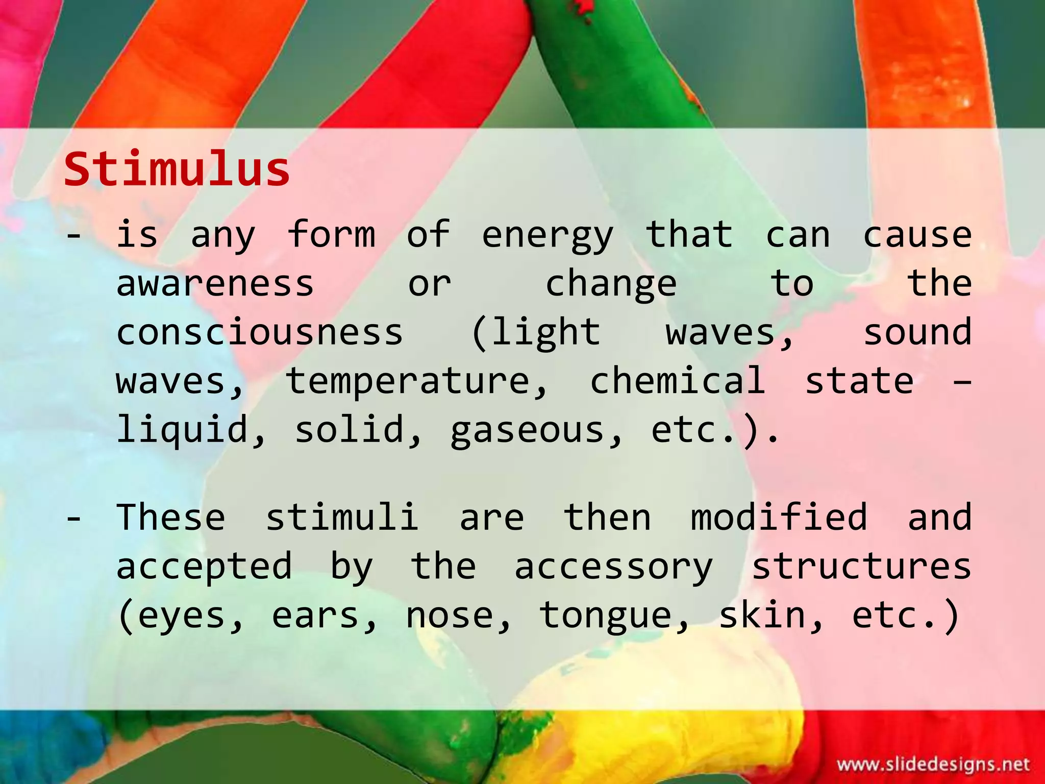 Stimulus
- is any form of energy that can cause
  awareness     or    change    to   the
  consciousness    (light  waves,  sound
  waves, temperature, chemical state –
  liquid, solid, gaseous, etc.).

- These stimuli are then modified and
  accepted by the accessory structures
  (eyes, ears, nose, tongue, skin, etc.)
 