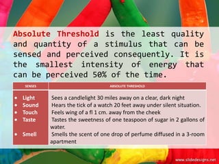 Absolute Threshold is the least quality
and quantity of a stimulus that can be
sensed and perceived consequently. It is
the smallest intensity of energy that
can be perceived 50% of the time.
  SENSES                          ABSOLUTE THRESHOLD


 Light     Sees a candlelight 30 miles away on a clear, dark night
 Sound     Hears the tick of a watch 20 feet away under silent situation.
 Touch     Feels wing of a fl 1 cm. away from the cheek
 Taste     Tastes the sweetness of one teaspoon of sugar in 2 gallons of
           water.
 Smell     Smells the scent of one drop of perfume diffused in a 3-room
           apartment
 