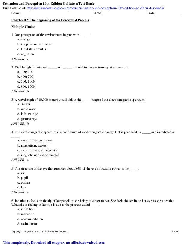 Sensation And Perception 10th Edition Goldstein Test Bank