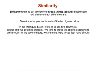       In the first figure below, we tend to see two columns of  apples and two columns of pears.  We tend to group the obj...