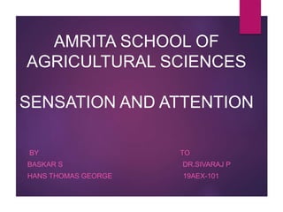 AMRITA SCHOOL OF
AGRICULTURAL SCIENCES
SENSATION AND ATTENTION
BY TO
BASKAR S DR.SIVARAJ P
HANS THOMAS GEORGE 19AEX-101
 