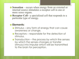  Sensation – occurs when energy from an external or
internal source stimulates a receptor cell in one or
more sense organ...
