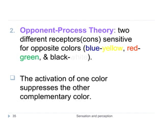 Sensation and perception35
2. Opponent-Process Theory: two
different receptors(cons) sensitive
for opposite colors (blue-yellow, red-
green, & black-white).
 The activation of one color
suppresses the other
complementary color.
 