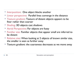  Interposition: One object blocks another
 Linear perspective: Parallel lines converge in the distance
 Texture gradien...