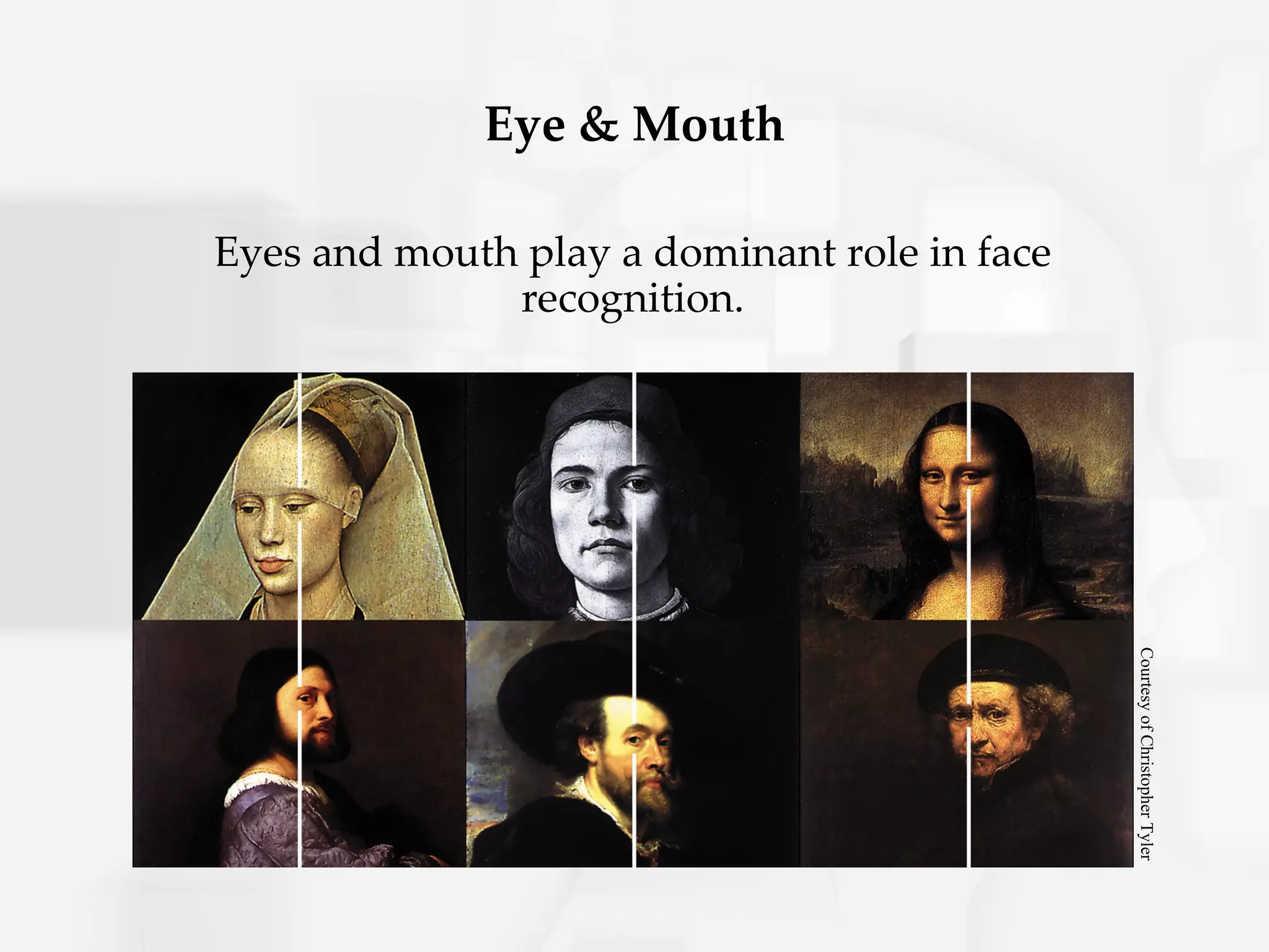 Eye & Mouth

Eyes and mouth play a dominant role in face
              recognition.




                                              Courtesy of Christopher Tyler
 