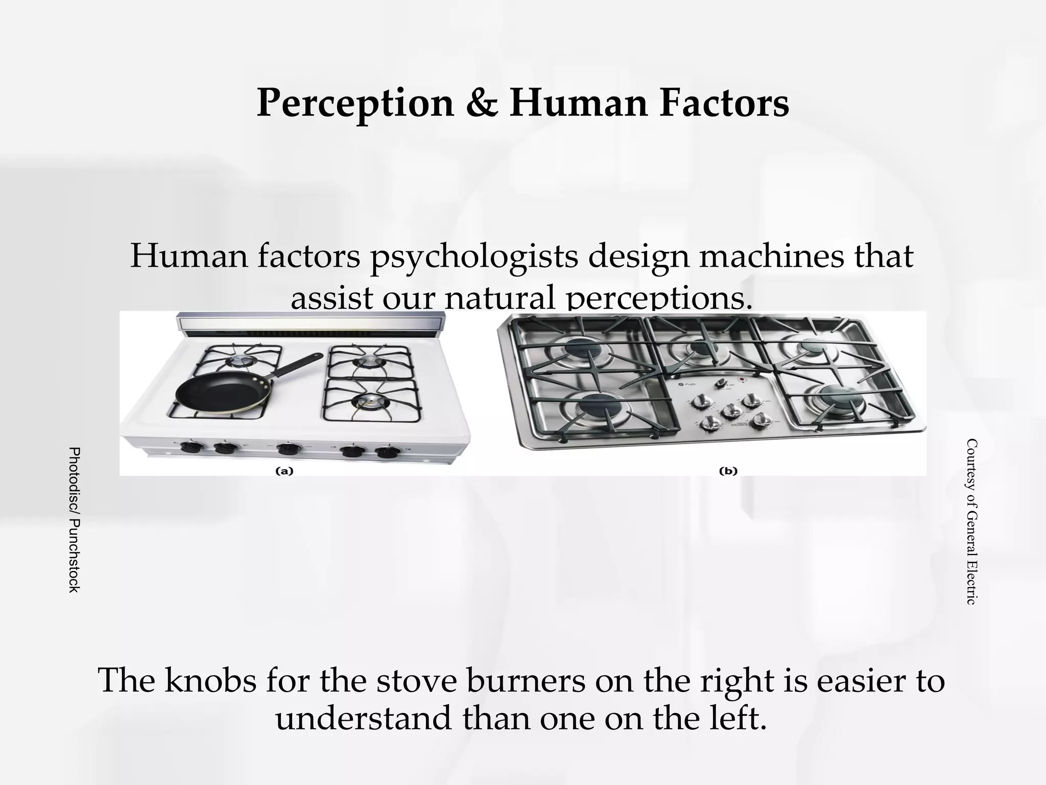Perception & Human Factors


                          Human factors psychologists design machines that
                                  assist our natural perceptions.




                                                                                    Courtesy of General Electric
Photodisc/ Punchstock




                        The knobs for the stove burners on the right is easier to
                                   understand than one on the left.
 