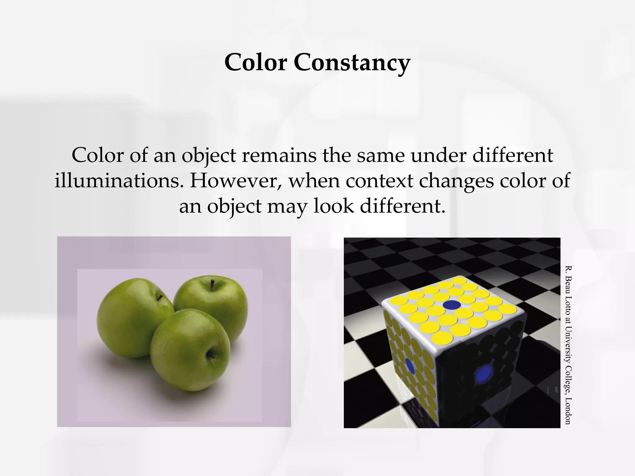 Color Constancy


   Color of an object remains the same under different
illuminations. However, when context changes color of
              an object may look different.




                                                     R. Beau Lotto at University College, London
 