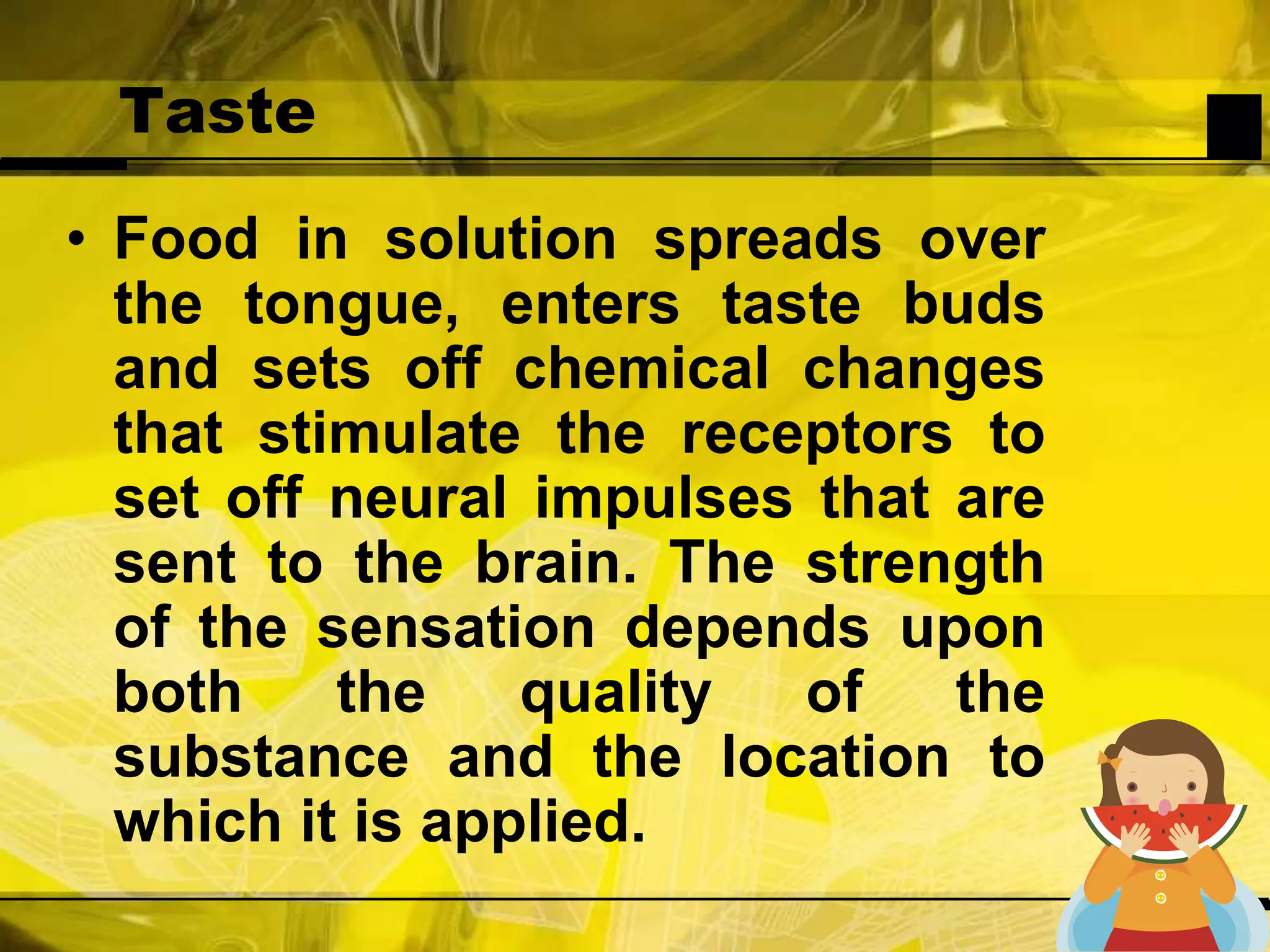 TasteFood in solution spreads over the tongue, enters taste buds and sets off chemical changes that stimulate the receptors to set off neural impulses that are sent to the brain. The strength of the sensation depends upon both the quality of the substance and the location to which it is applied. 