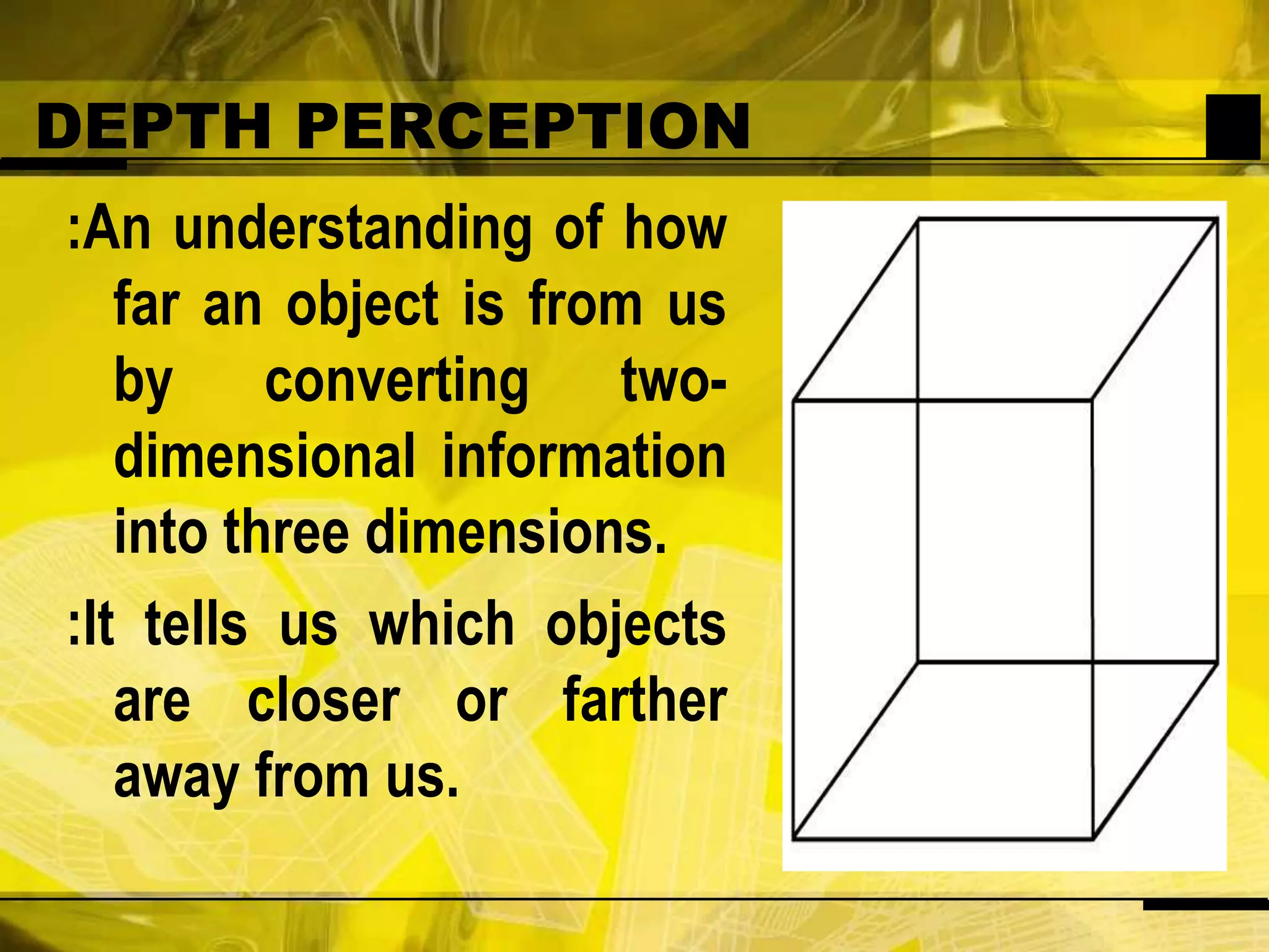 DEPTH PERCEPTION:An understanding of how far an object is from us by converting two-dimensional information into three dimensions. :It tells us which objects are closer or farther away from us. 