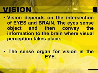 VISIONVision depends on the intersection of EYES and BRAIN. The eyes sense object and then convey the information to the brain where visual perception takes place. The sense organ for vision is the EYE.