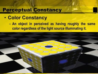 Perceptual ConstancyColor ConstancyAn object in perceived as having roughly the same color regardless of the light source illuminating it.