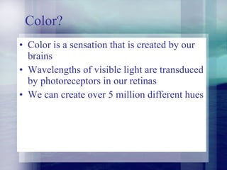 Color? Color is a sensation that is created by our brains Wavelengths of visible light are transduced by photoreceptors in our retinas We can create over 5 million different hues 