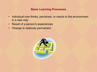 Basic Learning Processes
 Individual now thinks, perceives, or reacts to the environment
in a new way
 Result of a person's experiences
 Change is relatively permanent.
 