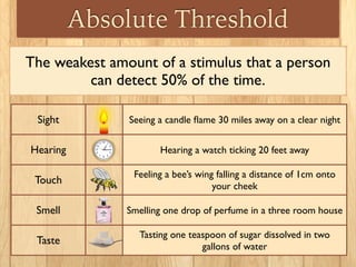 Absolute Threshold
The weakest amount of a stimulus that a person 	

can detect 50% of the time.
Sight Seeing a candle ﬂame 30 miles away on a clear night
Hearing Hearing a watch ticking 20 feet away
Touch
Feeling a bee’s wing falling a distance of 1cm onto
your cheek
Smell Smelling one drop of perfume in a three room house
Taste
Tasting one teaspoon of sugar dissolved in two
gallons of water
 