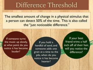 Difference Threshold
The smallest amount of change in a physical stimulus that 	

a person can detect 50% of the time. This is also called
the “just noticeable difference.”
If someone turns
the music up slowly,
at what point do you
notice it has become
louder?
If you hold a
handful of sand, and
someone adds one
grain at a time to the
pile, when do you
notice it has become 	

heavier?
If your best 	

friend trims a half
inch off of their hair,
will you notice the 	

difference?
 