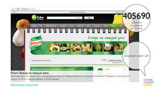 405690     просмотр
                                                                                                          16 роликов
                                                                                                          за 116 дней




                                                                                                  Широкий охват ЦА




Knorr: Блюда на каждый день
Брендированный канал Knorr с видеорецептами от Алексея Зимина и Алексея Семенова. В блюдах используются
продукты Knorr «Душа обеда» и «На второе».

http://rutube.ru/knorr.html
 