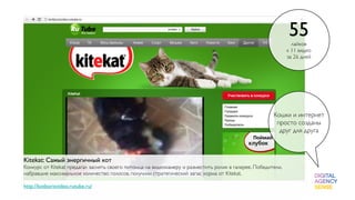 55лайков
                                                                                                              к 11 видео
                                                                                                              за 26 дней




                                                                                                       Кошки и интернет
                                                                                                        просто созданы
                                                                                                         друг для друга



Kitekat: Самый энергичный кот
Конкурс от Kitekat предагал заснять своего питомца на видеокамеру и разместить ролик в галерее. Победители,
набравшие максимальное количество голосов, получили стратегический запас корма от Kitekat.

http://kotborisvideo.rutube.ru/
 
