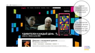 Превью
каждого ролика
сопровождается
  флэш-игрой




 При просмотре
2-3 минут фильма
 в новой вкладке
открывается сайт
 Nokia Lumia 800
 