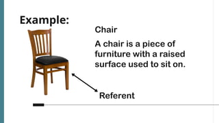 Example:
A chair is a piece of
furniture with a raised
surface used to sit on.
Referent
Chair
 