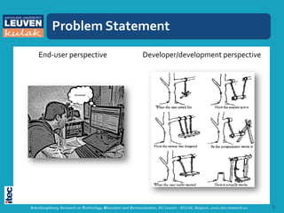 Problem Statement
    End-user perspective                                     Developer/development perspective




Interdisciplinary Research on Technology, Education and Communication, KU Leuven - KULAK, Belgium, www.itec-research.eu   3
 