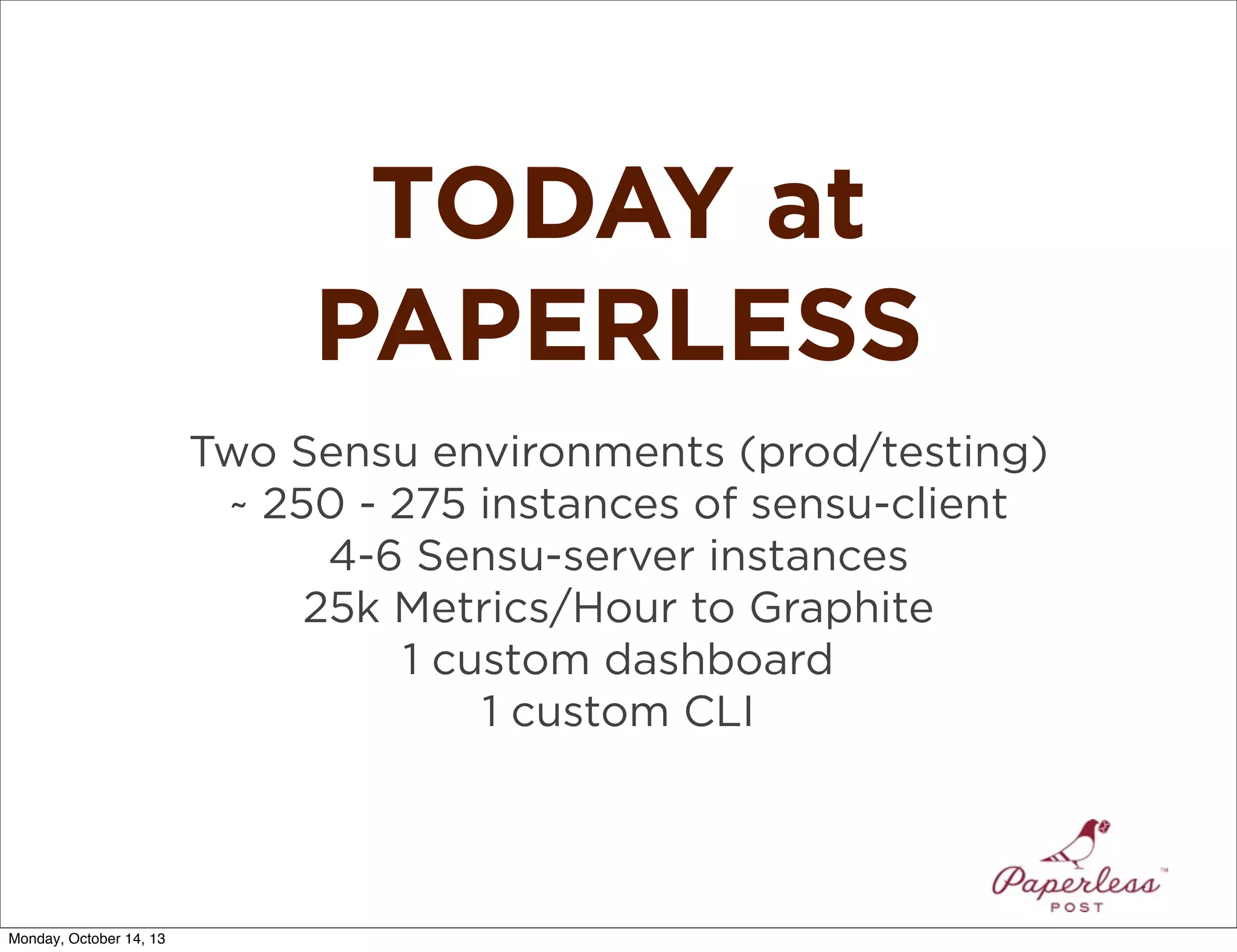 TODAY at
PAPERLESS
Two Sensu environments (prod/testing)
~ 250 - 275 instances of sensu-client
4-6 Sensu-server instances
25k Metrics/Hour to Graphite
1 custom dashboard
1 custom CLI

Monday, October 14, 13

 