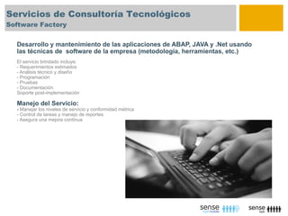 Servicios de Consultoría Tecnológicos
Software Factory


  Desarrollo y mantenimiento de las aplicaciones de ABAP, JAVA y .Net usando
  las técnicas de software de la empresa (metodología, herramientas, etc.)
  El servicio brindado incluye:
  - Requerimientos estimados
  - Análisis técnico y diseño
  - Programación
  - Pruebas
  - Documentación
  Soporte post-implementación

  Manejo del Servicio:
  - Manejar los niveles de servicio y conformidad métrica
  - Control de tareas y manejo de reportes
  - Asegura una mejora continua
 