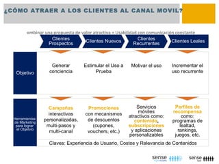 ¿CÓMO ATRAER A LOS CLIENTES AL CANAL MOVIL?


         ombinar una propuesta de valor atractiva + Usabilidad con comunicación constante
                    Clientes        Clientes Nuevos            Clientes       Clientes Leales
                  Prospectos                                 Recurrentes



                    Generar        Estimular el Uso a     Motivar el uso     Incrementar el
   Objetivo        conciencia           Prueba                               uso recurrente




                   Campañas          Promociones             Servicios        Perfiles de
   Marketing
                   interactivas     con mecanismos            móviles        recompensa
    Tools
  Herramientas
                                                         atractivos como:         como:
  de Marketing
                 personalizadas,     de descuentos          contenido,       programas de
   para lograr    multi-pasos y        (cupones,         subscripciones          lealtad,
   el Objetvio                                            y aplicaciones        rankings,
                   multi-canal       vouchers, etc.)
                                                         personalizables      juegos, etc.
                   Claves: Experiencia de Usuario, Costos y Relevancia de Contenidos
 
