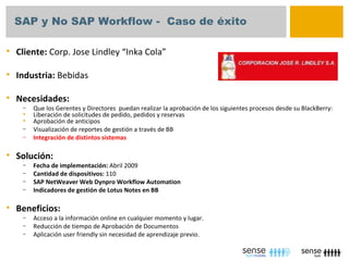 SAP y No SAP Workflow - Caso de éxito

   Cliente: Corp. Jose Lindley “Inka Cola”

   Industria: Bebidas

   Necesidades:
     –   Que los Gerentes y Directores puedan realizar la aprobación de los siguientes procesos desde su BlackBerry:
        Liberación de solicitudes de pedido, pedidos y reservas
        Aprobación de anticipos
     –   Visualización de reportes de gestión a través de BB
     –   Integración de distintos sistemas

   Solución:
     –   Fecha de implementación: Abril 2009
     –   Cantidad de dispositivos: 110
     –   SAP NetWeaver Web Dynpro Workflow Automation
     –   Indicadores de gestión de Lotus Notes en BB

   Beneficios:
     –   Acceso a la información online en cualquier momento y lugar.
     –   Reducción de tiempo de Aprobación de Documentos
     –   Aplicación user friendly sin necesidad de aprendizaje previo.
 
