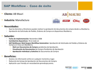 SAP Workflow - Caso de éxito

   Cliente: AB Mauri

   Industria: Manufactura

   Necesidades:
     –   Que los Gerentes y Directores puedan realizar la aprobación de documentos de compra desde su Blackberry.
     –   Aprobación de Solicitudes de Pedido, Ordenes de Compra en dispositivos Blackberry.

   Solución:
     –   Fecha de implementación: Noviembre 2008
     –   Cantidad de dispositivos: 70 en todo LA
     –   SAP NetWeaver Web Dynpro Workflow Automation: Aprobación de Solicitudes de Pedido y Ordenes de
         Compra en línea con BlackBerry.
          • Mail con Documentos de Compra pendientes de Aprobación.
          • Visualización de Documentos de Compra Pendientes de Aprobación
          • Aprobación Individual y Colectiva de Documentos de Compra


   Beneficios:
     –   Acceso a la información online en cualquier momento y lugar.
     –   Reducción de tiempo de Aprobación de Documentos de Compra.
     –   Aplicación user friendly sin necesidad de aprendizaje previo.
 